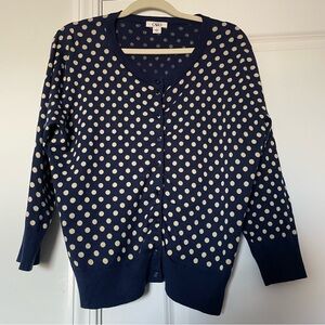 CATO Womens Knit Mid Cardigan Sweater Size L Polka Dot Retro Button Navy Cream